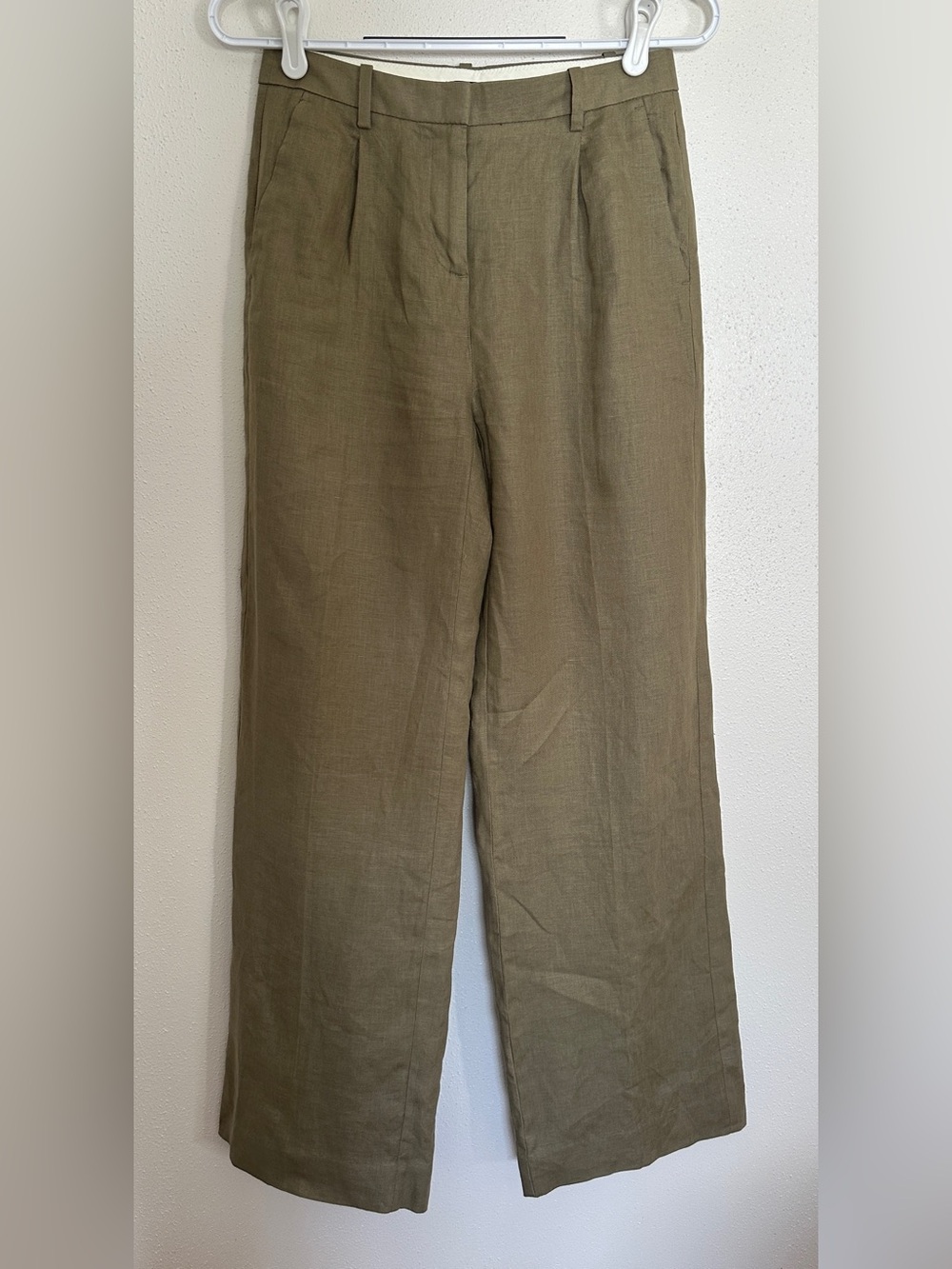 J. Crew Essential Wide Leg Linen Pleated Trouser Pants Olive Green Size 00